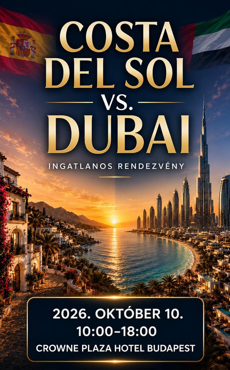 A Costa del Sol vs. Dubai ingatlanos rendezvény plakátja — 2026. október 10., 10:00–18:00, Crowne Plaza Hotel Budapest