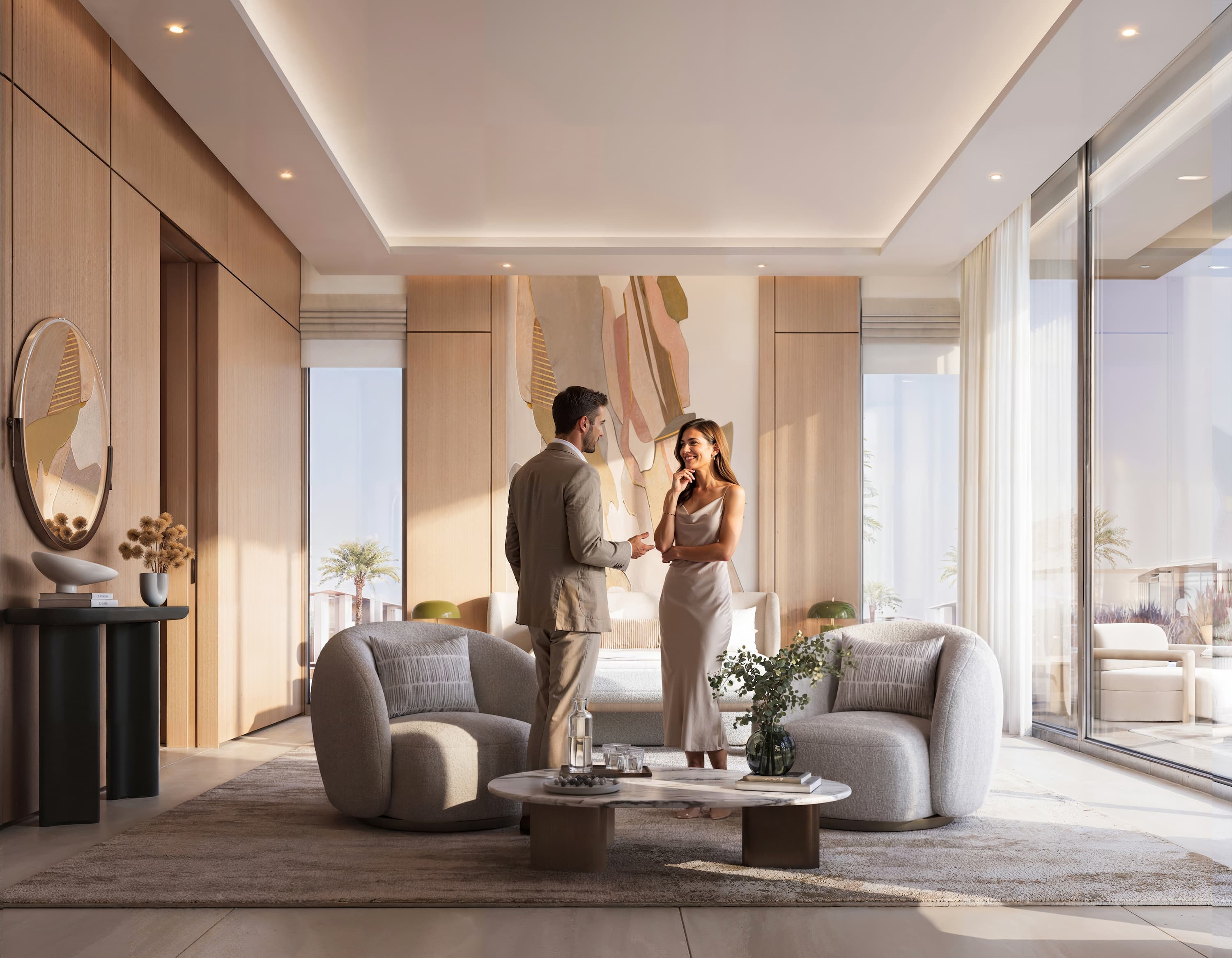 Társalgó designbútorokkal egy dubaji rezidenciában