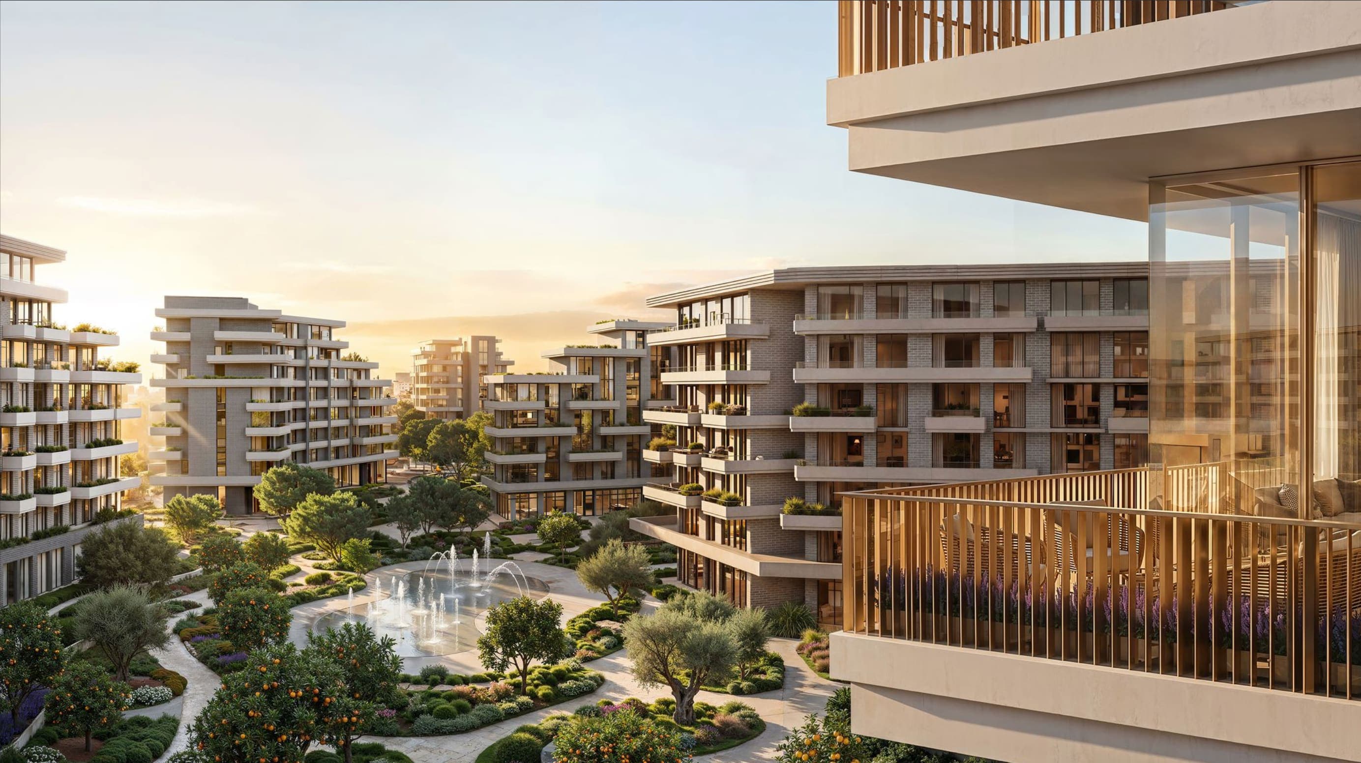 Dubaji lakópark belső kertje naplementében