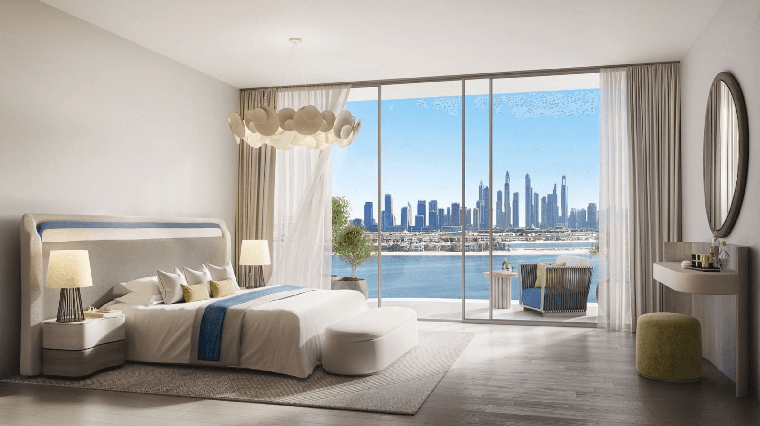 Modern dubaji luxuslakás panorámaablakkal, háttérben a város felhőkarcolóival.