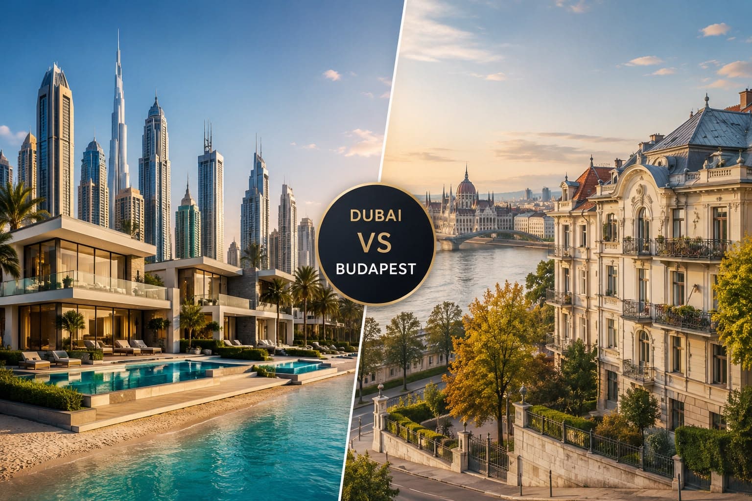 Osztott borítókép: bal oldalon dubaji tengerparti felhőkarcolók és luxusvilla medencével, jobb oldalon a budapesti Duna-part a Parlamenttel, középen „Dubai vs Budapest" felirat.