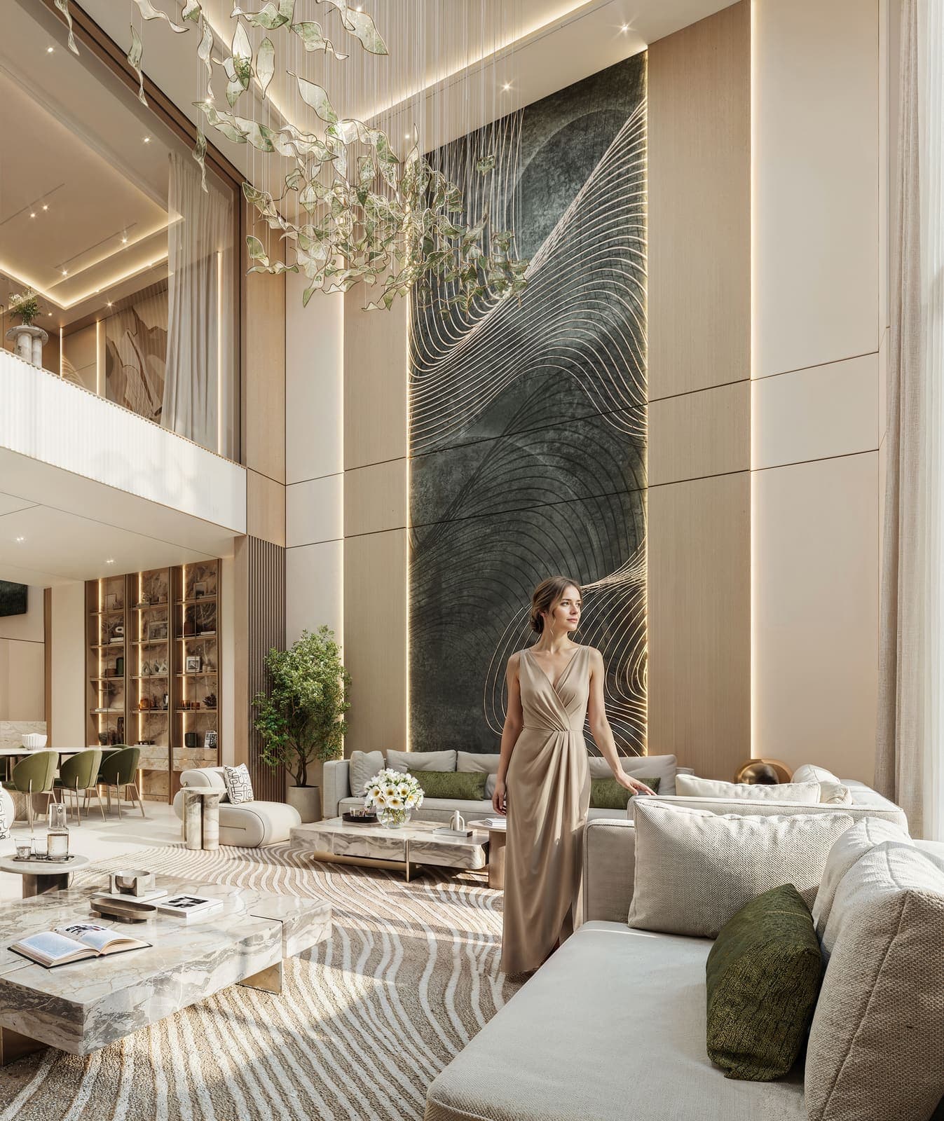 Gyönyörű fiatal hölgy egy dubai luxus nappaliban áll és néz ki az ablakon csodálatos berendezésekkel és bútorokkal körülvéve melyek nagyon esztétikussá és lélegzetelállítóvá teszik a helységet