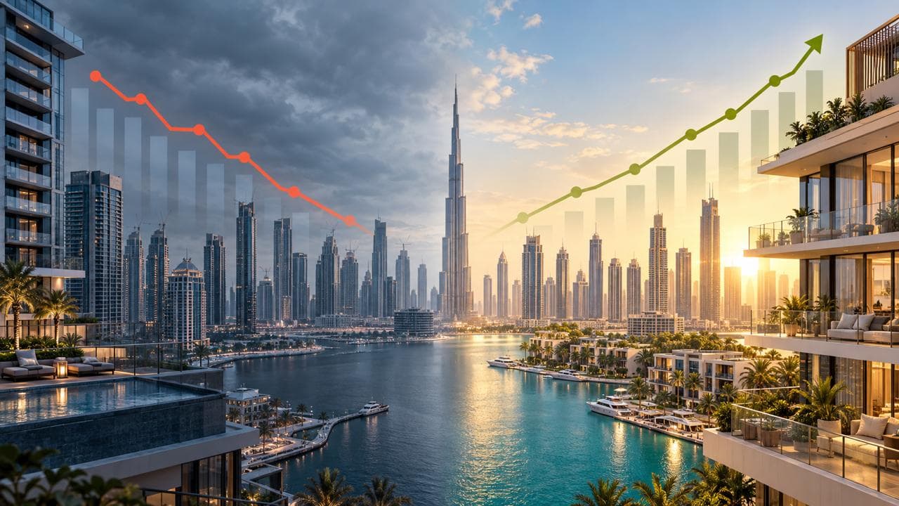 Dubaji felhőkarcolók naplementében, előtérben a Business Bay csatorna vizével.